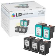 Bulk Set of 5 Remanufactured Replacement Ink Cartridges for HP 74 and 75 (3 Black, 2 Color)